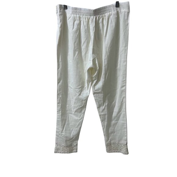 W for Woman Slim Fit White Cotton & Flax Pants With Lace Bead Hem Size 12 - Picture 6 of 10
